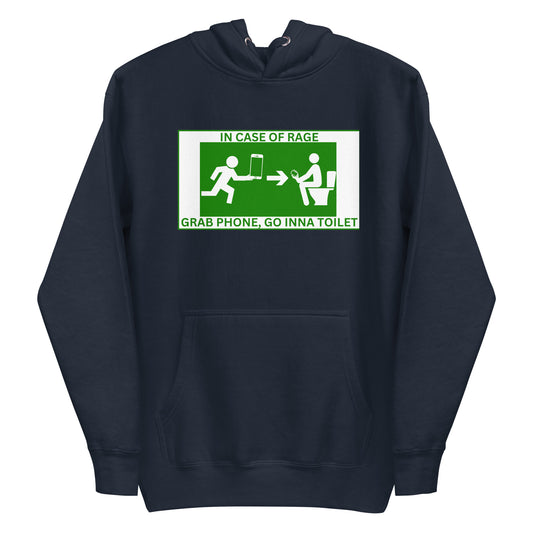 A navy blazer women's graphic hoodie featuring a humorous highway-style sign of a stick figure looking at a phone and running to a bathroom.