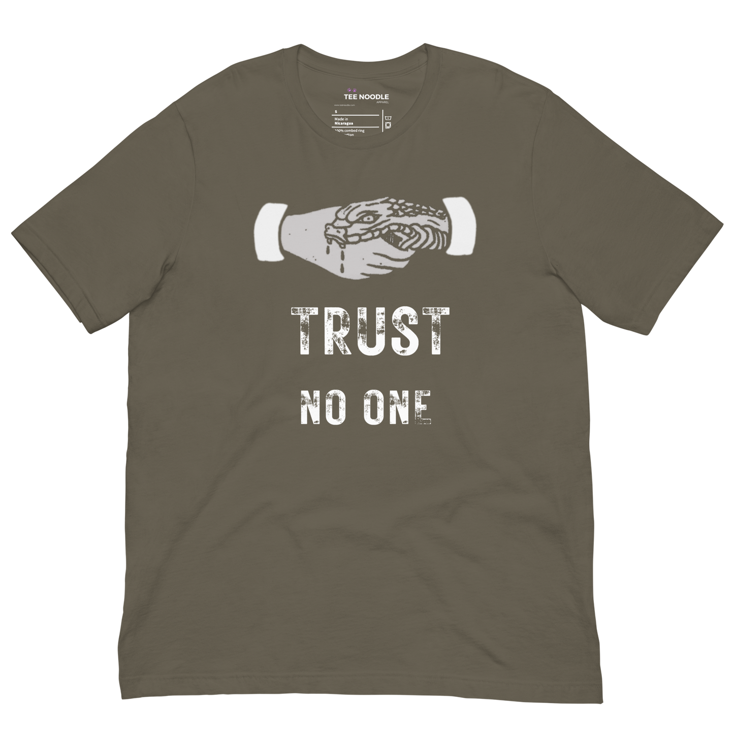 An army heather graphic t-shirt featuring the slogan 'Trust No One' in bold, distressed typography.
