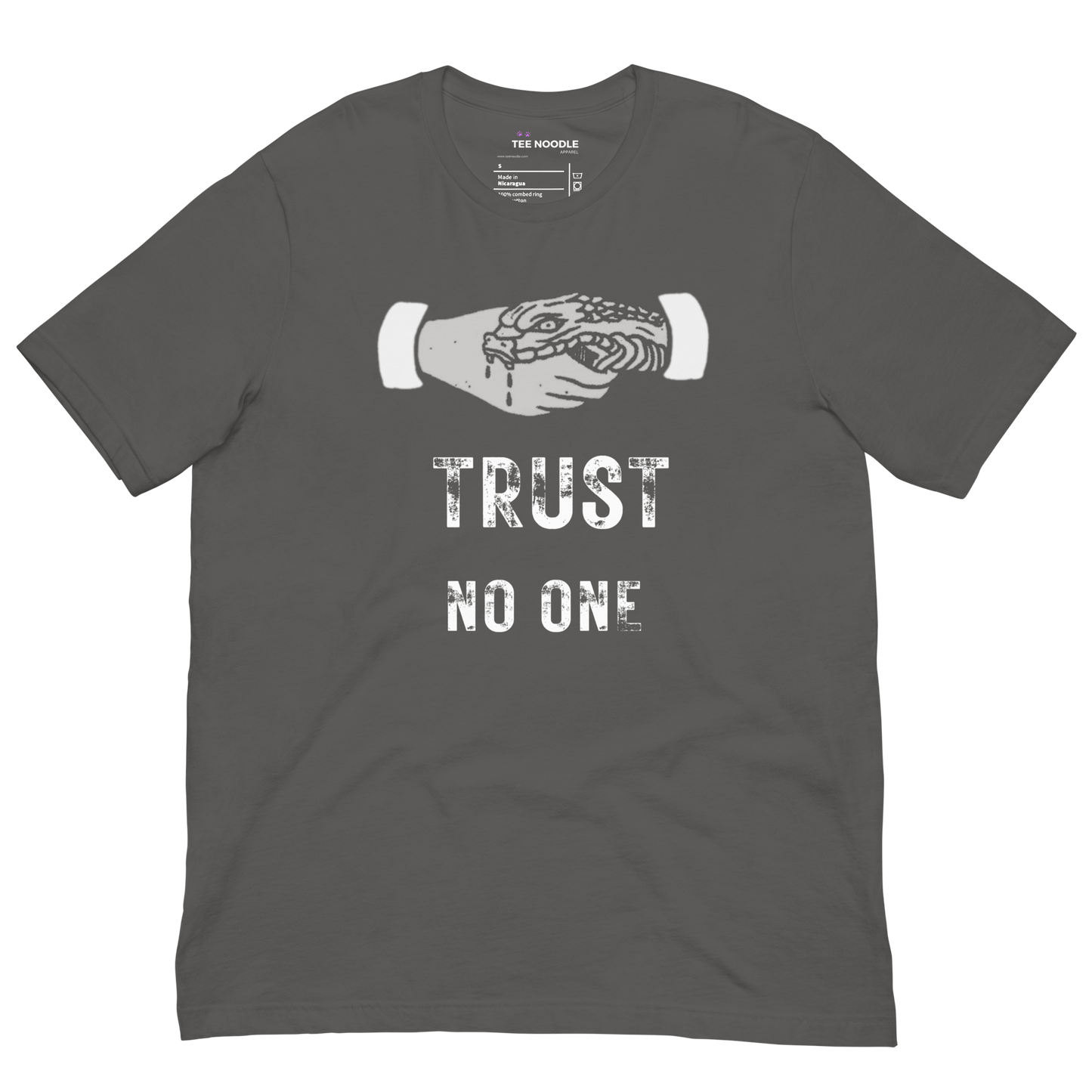An asphalt heather graphic t-shirt featuring the slogan 'Trust No One' in bold, distressed typography.