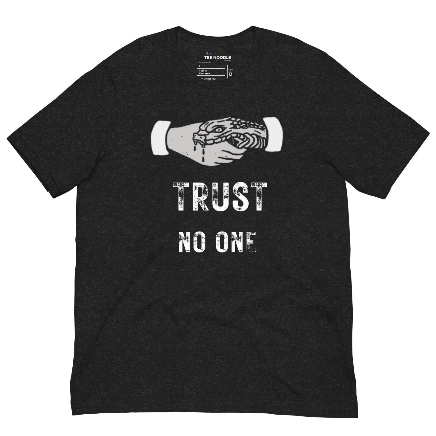 A black heather graphic t-shirt featuring the slogan 'Trust No One' in bold, distressed typography.