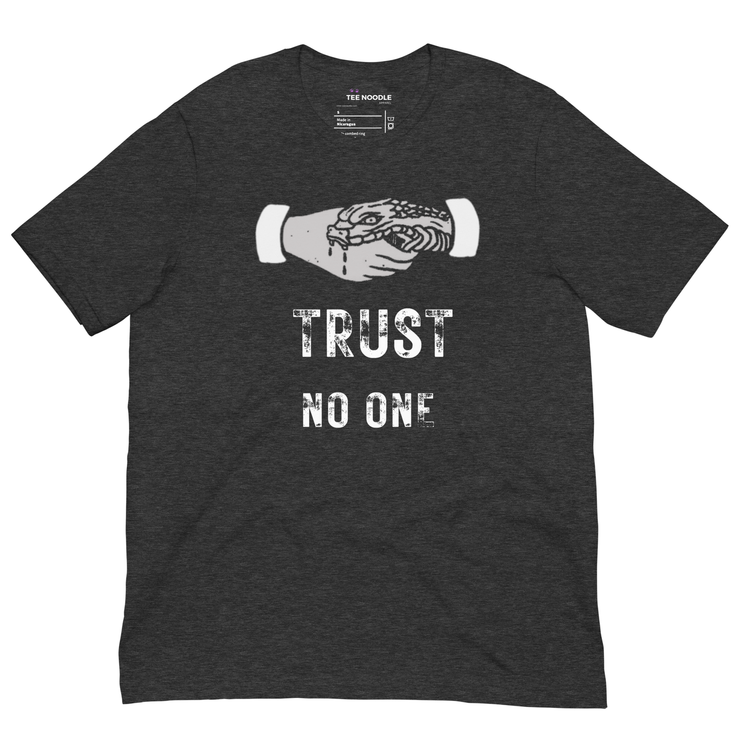 A dark grey heather graphic t-shirt featuring the slogan 'Trust No One' in bold, distressed typography.
