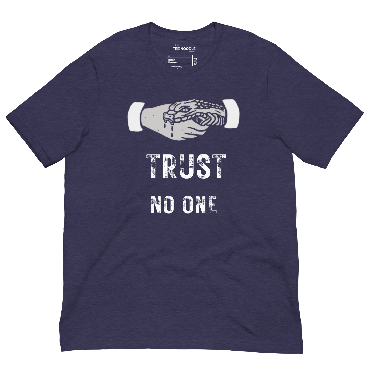 A heather midnight navy graphic t-shirt featuring the slogan 'Trust No One' in bold, distressed typography.