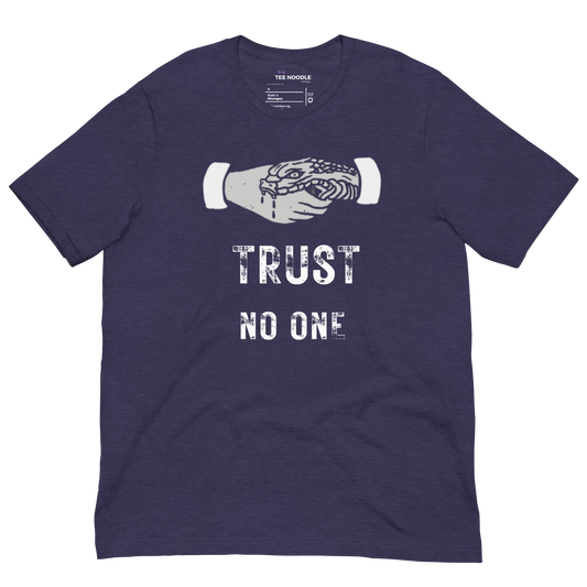 A heather midnight navy graphic t-shirt featuring the slogan 'Trust No One' in bold, distressed typography.