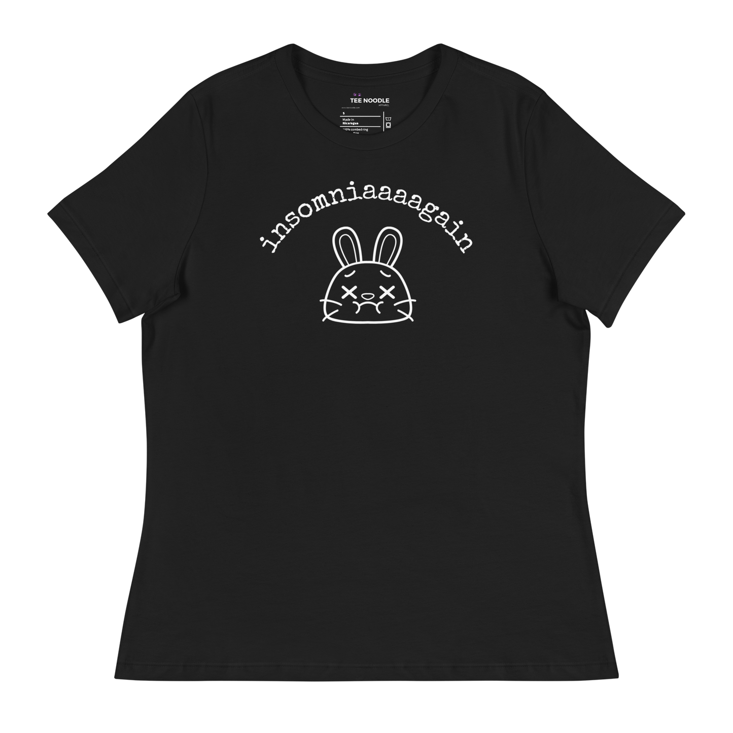 A black women's relaxed t-shirt featuring a cartoon bunny with tired eyes and the text 'insomniaaaagain'.