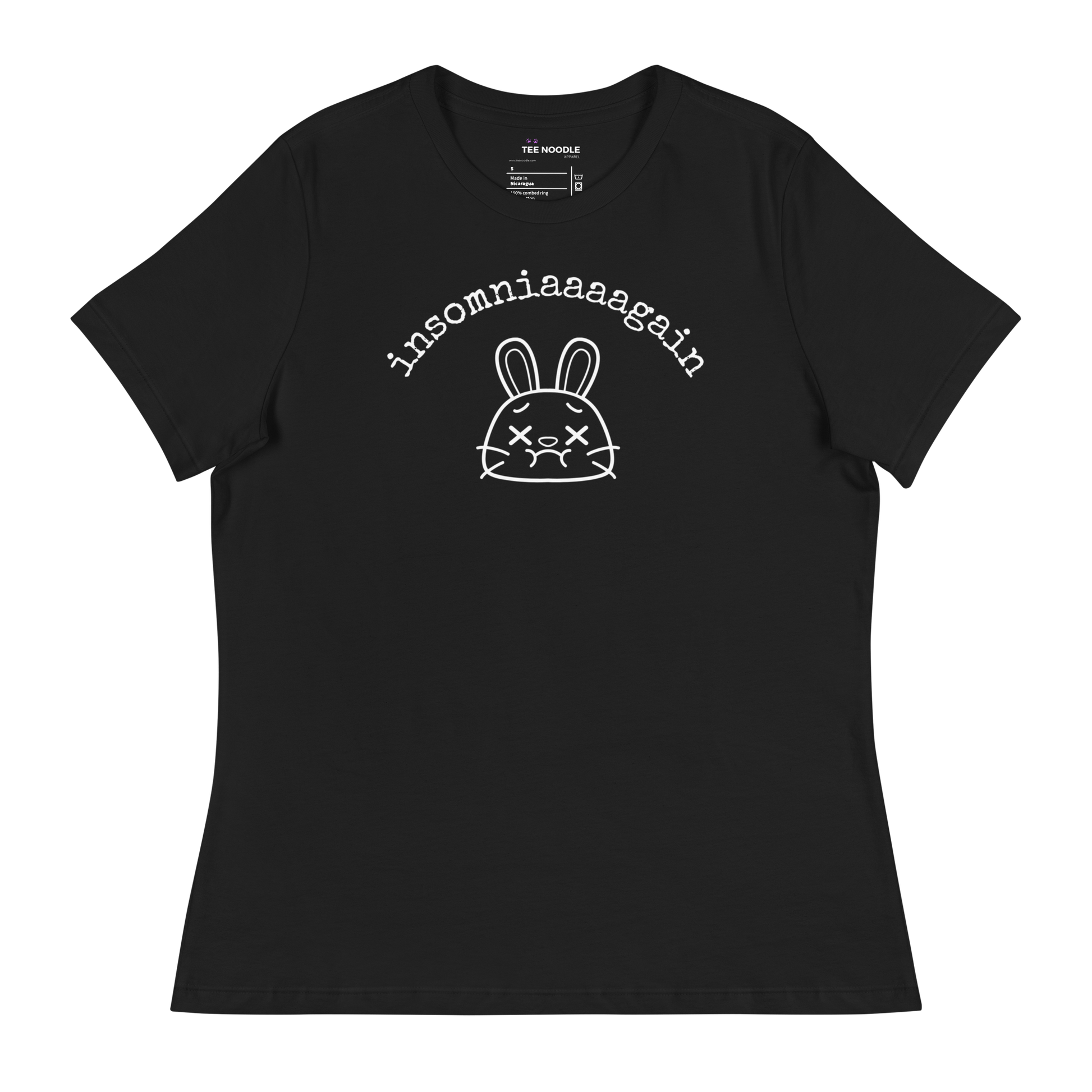 A black women's relaxed t-shirt featuring a cartoon bunny with tired eyes and the text 'insomniaaaagain'.