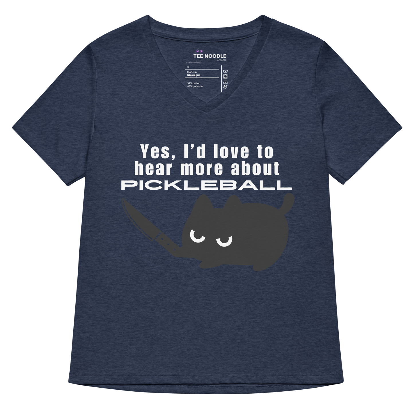 A women's heather navy relaxed v-neck t-shirt featuring a graphic of an angry black cat holding a knife below the sarcastic text: 'Yes, I'd love to hear more about PICKLEBALL'.
