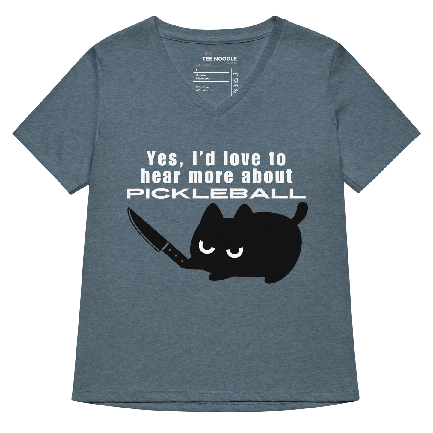 A women's heather slate relaxed v-neck t-shirt featuring a graphic of an angry black cat holding a knife below the sarcastic text: 'Yes, I'd love to hear more about PICKLEBALL'.
