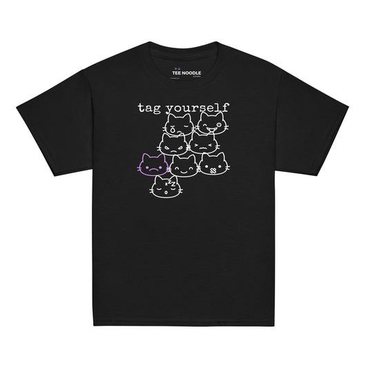 A black kids t-shirt featuring a 'Tag Yourself' cat mood chart with the frowning cat highlighted.