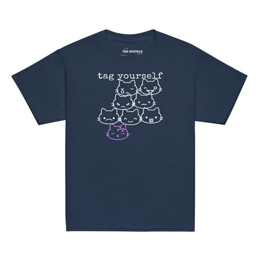 A navy kids t-shirt featuring a 'Tag Yourself' cat mood chart with the sleepy cat highlighted.